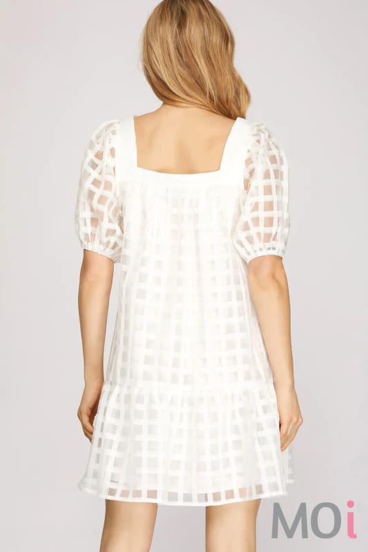 Puff Sleeve Grid Pattern Dress