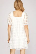 Puff Sleeve Grid Pattern Dress
