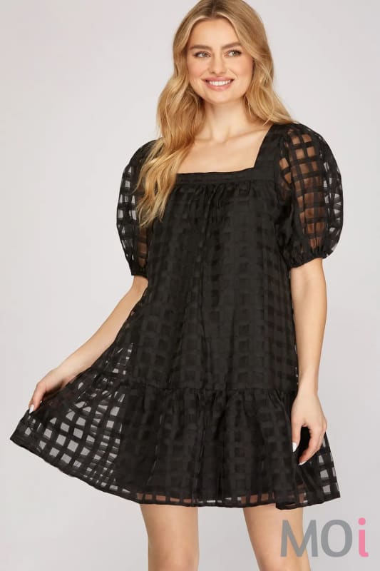 Puff Sleeve Grid Pattern Dress