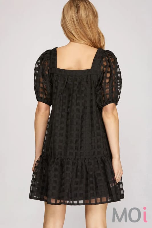 Puff Sleeve Grid Pattern Dress