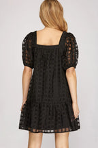 Puff Sleeve Grid Pattern Dress