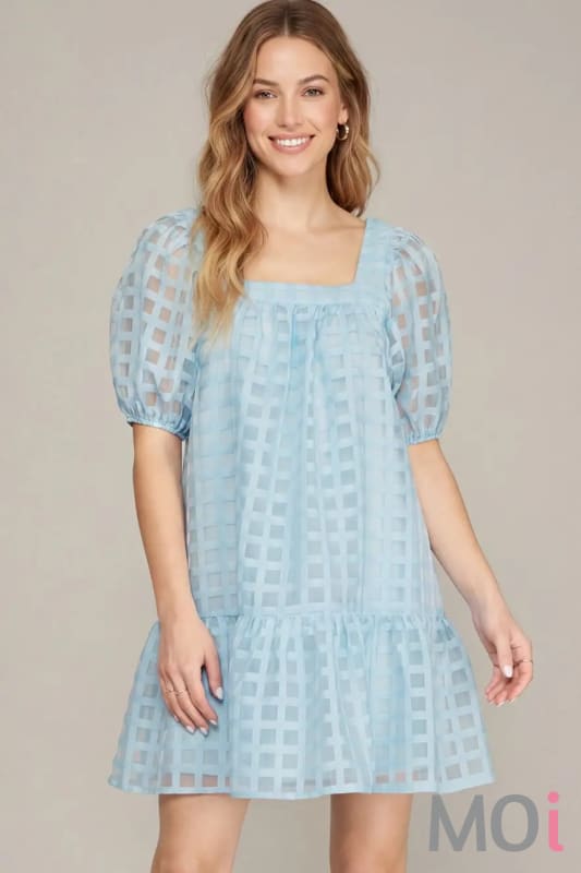 Puff Sleeve Grid Pattern Dress