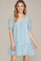 Puff Sleeve Grid Pattern Dress