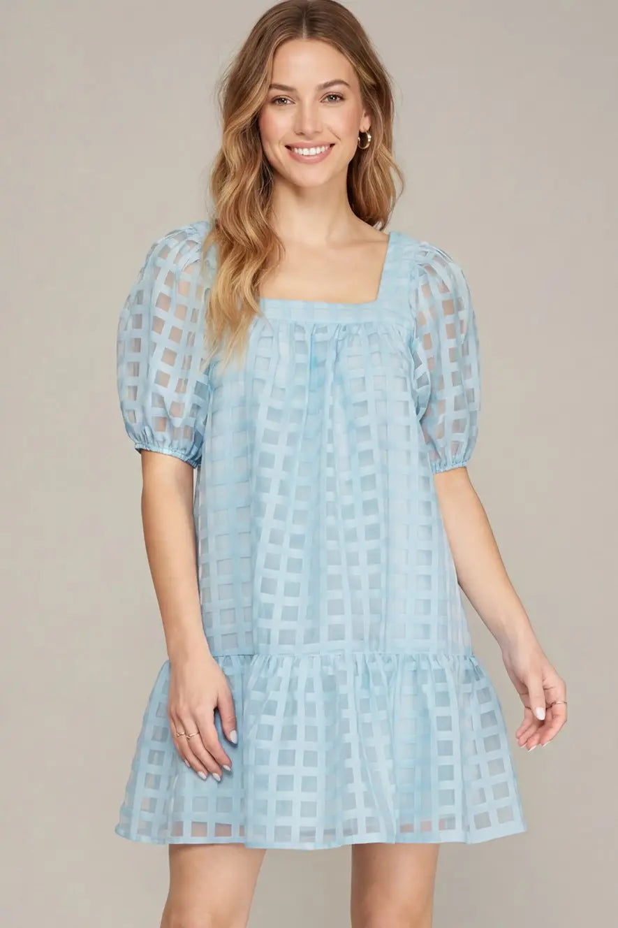 Puff Sleeve Grid Pattern Dress