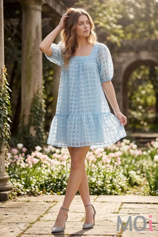 Puff Sleeve Grid Pattern Dress