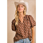 POLKA DOT PRINTED WOVEN RUFFLED V NECK TOP