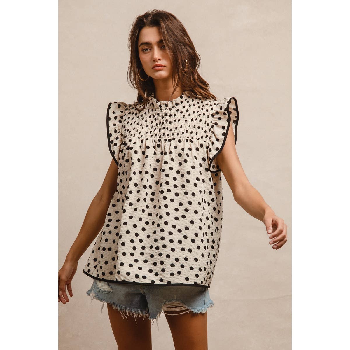 Dot Printed Smocked Yoke Top