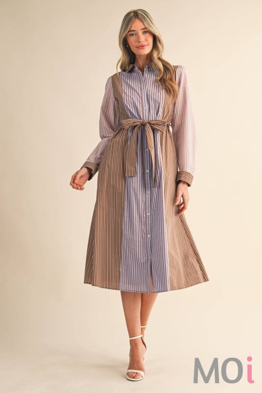 Mixed Stripe Belted Midi Dress