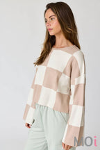 Sarah Round Neck Checkered LS Top