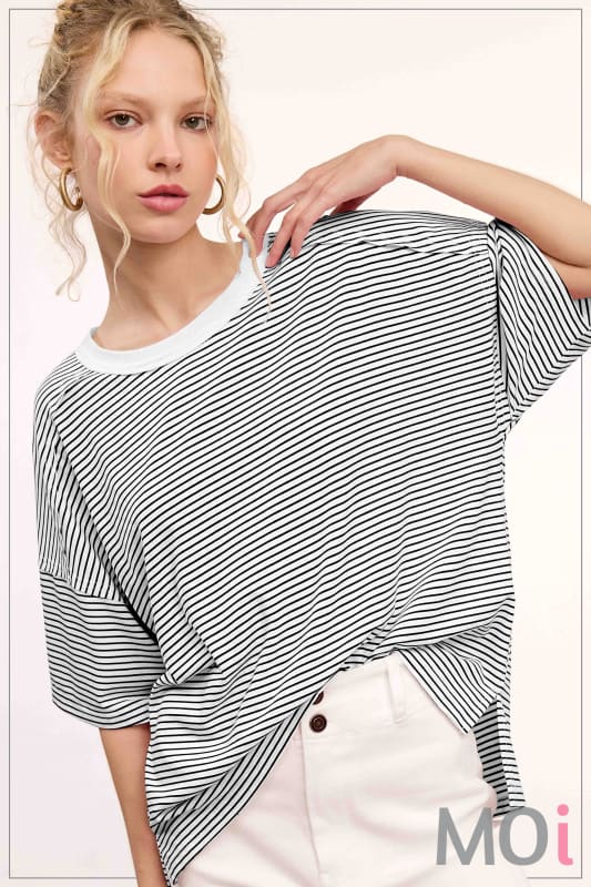 Basic Striped Drop Shoulder Short Sleeves Top