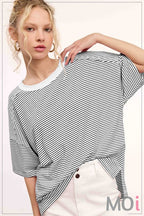Basic Striped Drop Shoulder Short Sleeves Top