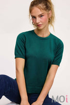Soft Short Puffy Sleeve Basic Stretchy Knit Top