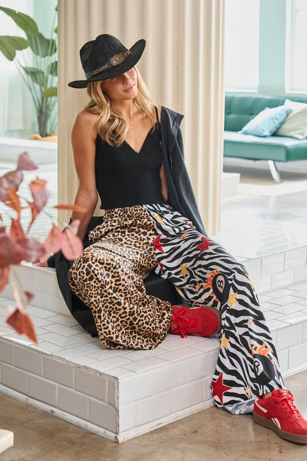 Leopard and Zebra Mixed Print Wide Leg Pants