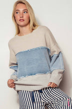 Colorblock Distressed Denim Patchwork Knit Sweater