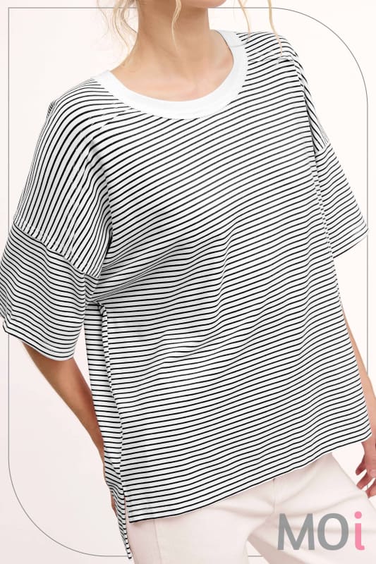 Basic Striped Drop Shoulder Short Sleeves Top