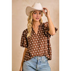 POLKA DOT PRINTED WOVEN RUFFLED V NECK TOP