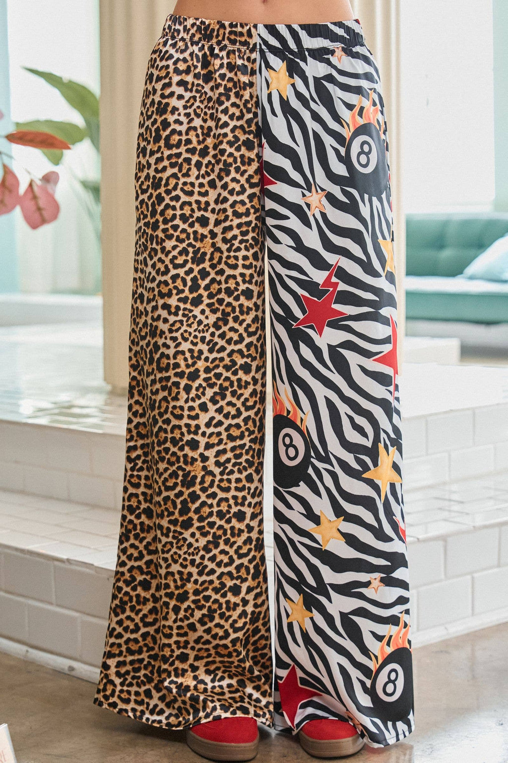 Leopard and Zebra Mixed Print Wide Leg Pants