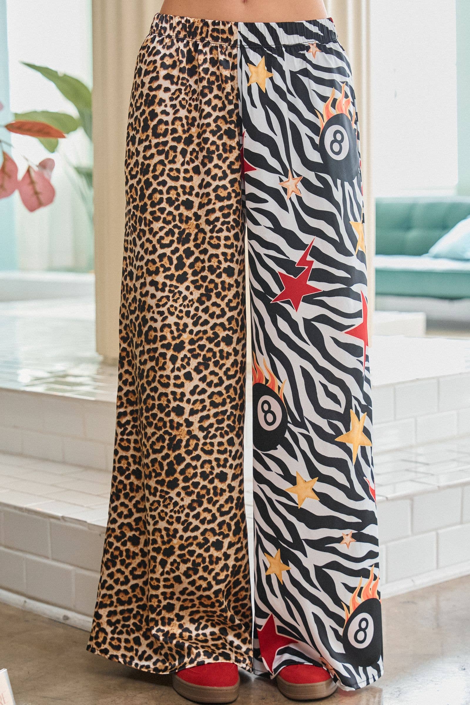 Leopard and Zebra Mixed Print Wide Leg Pants