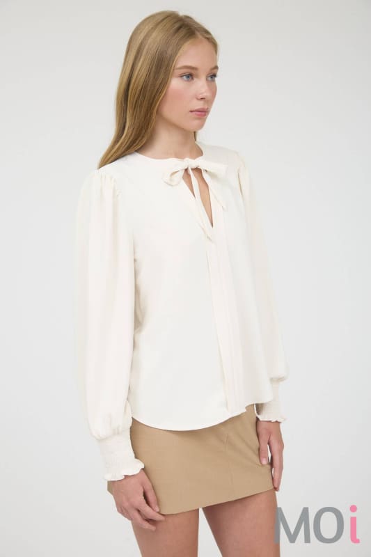 Necktie Long Sleeve Smocked Cuff Top