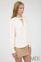 Necktie Long Sleeve Smocked Cuff Top