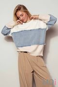 Colorblock Distressed Denim Patchwork Knit Sweater