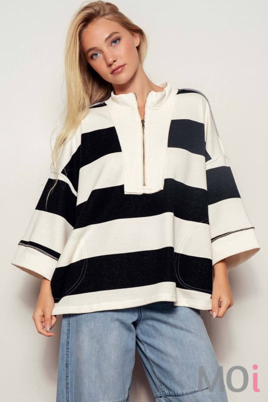 Oversized Half Zip Bold Stripe Statement Pullover Sweatshirt