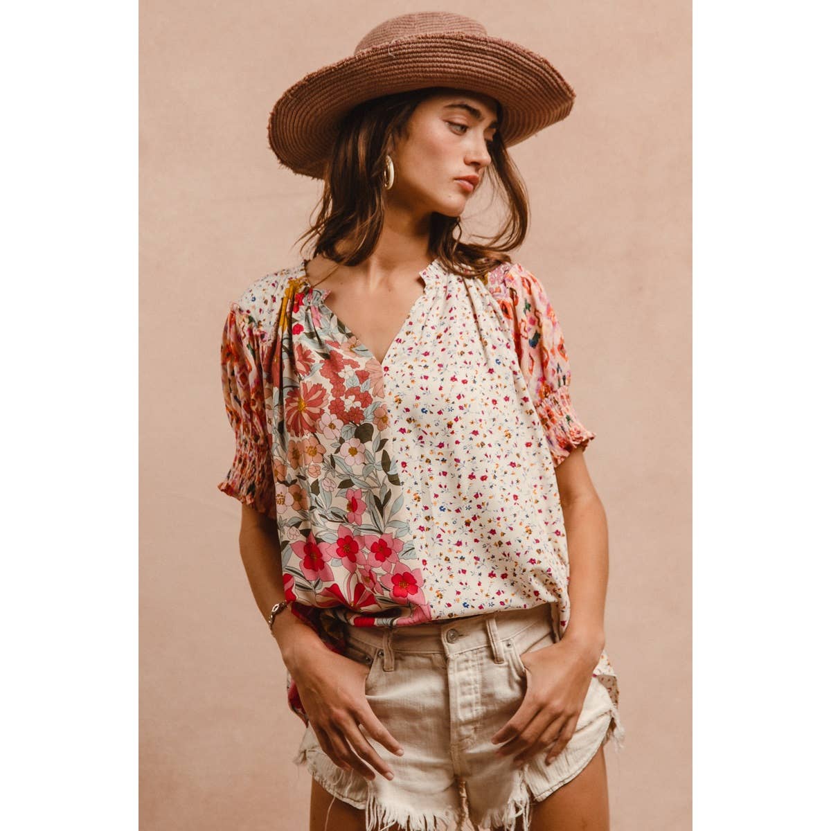 Woven Mixed Print Peasant Top