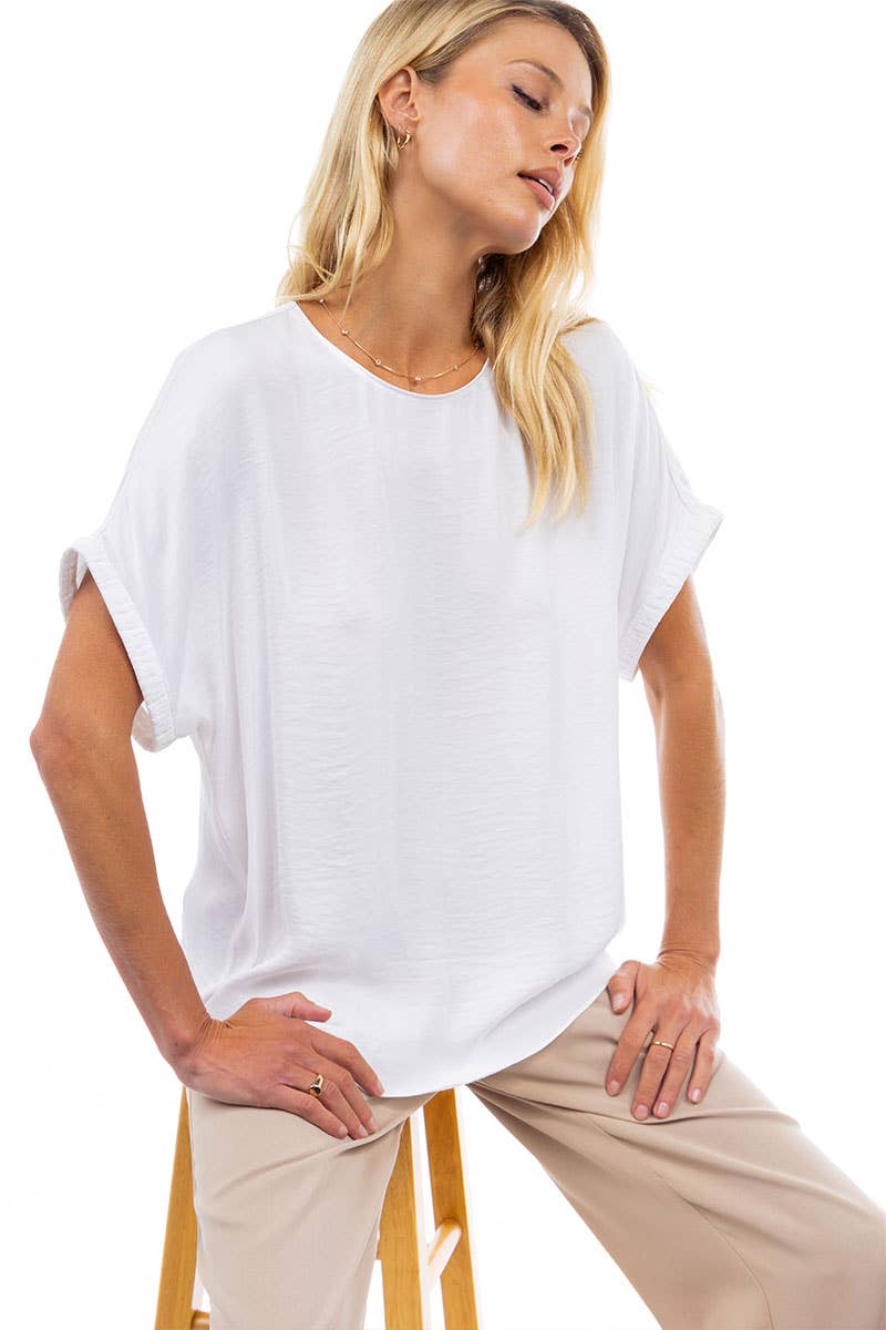 Dolman Short Sleeve Plisse Sleeve Blouse