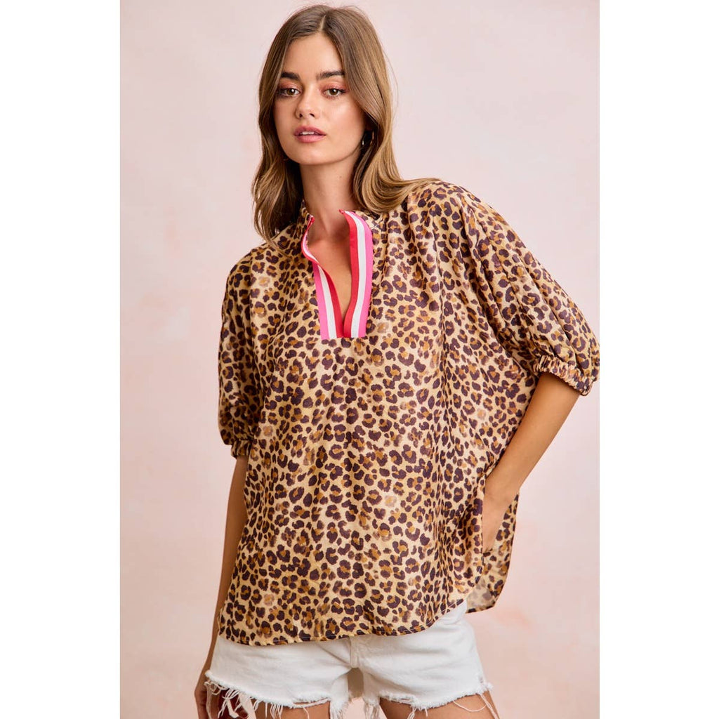 Leopard Print Contrast Banded Blouse