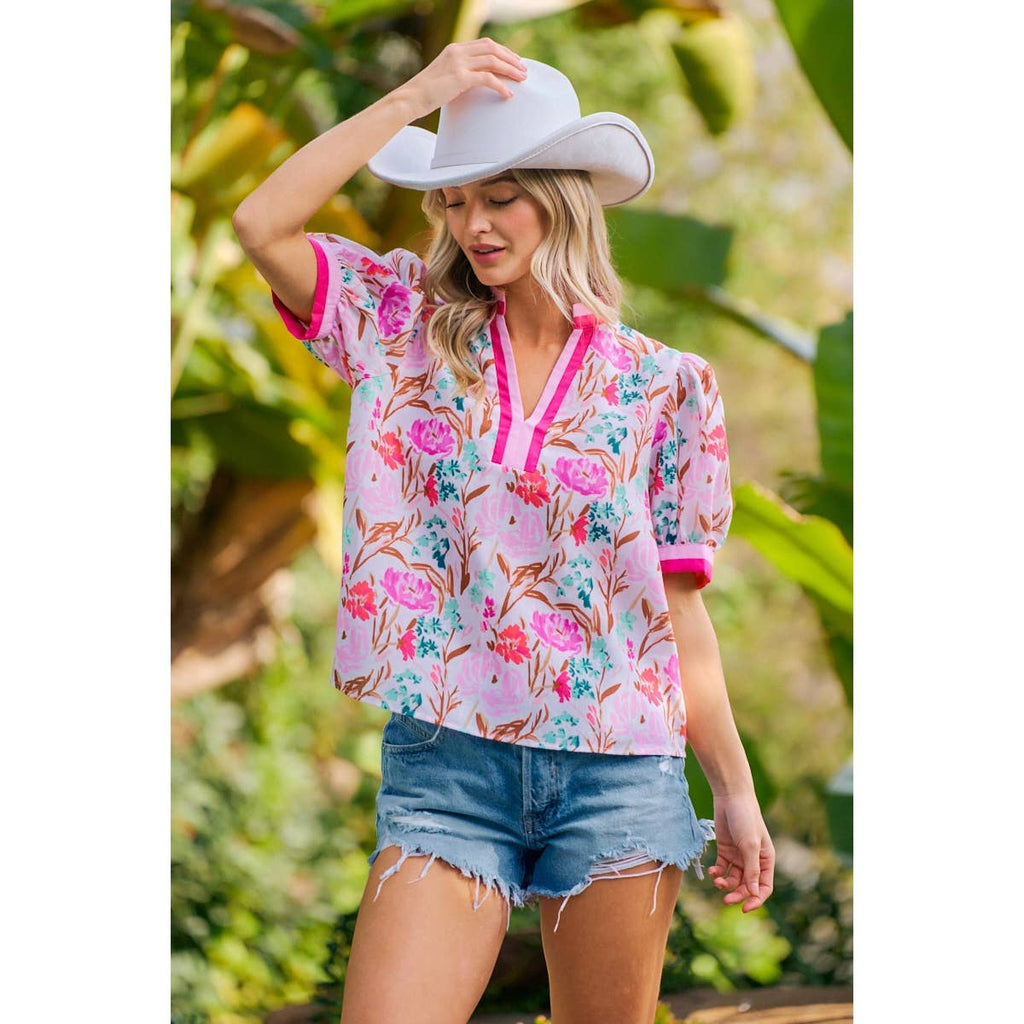 Flower Printed Woven Contrast Top