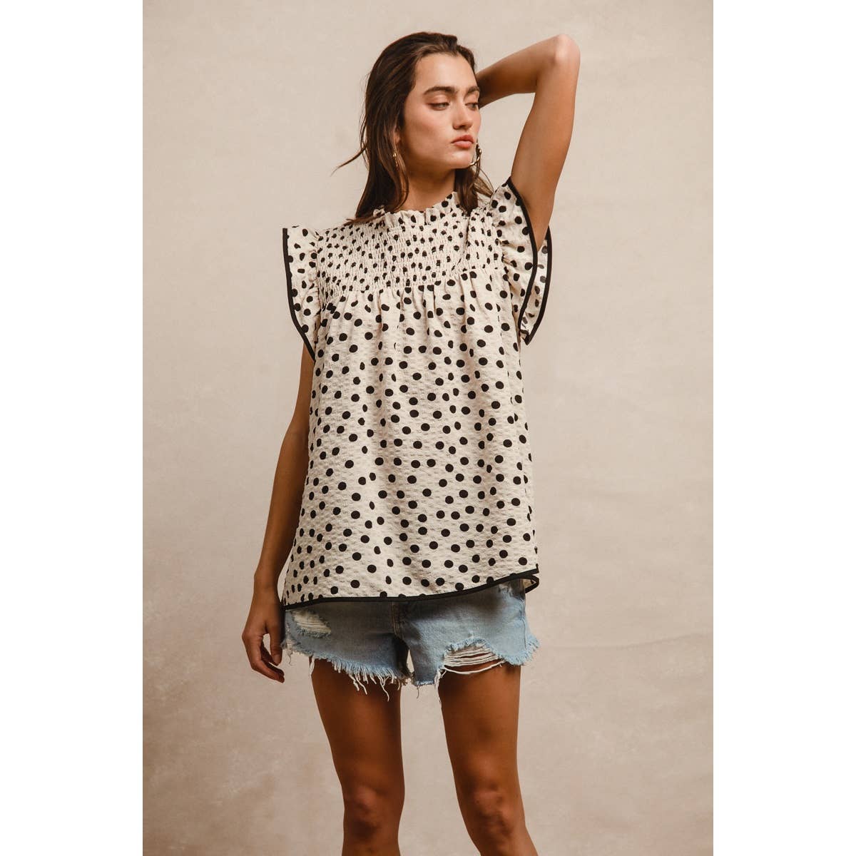 Dot Printed Smocked Yoke Top