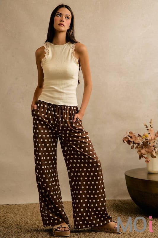 Polka Dot Elastic Waist Wide Pants