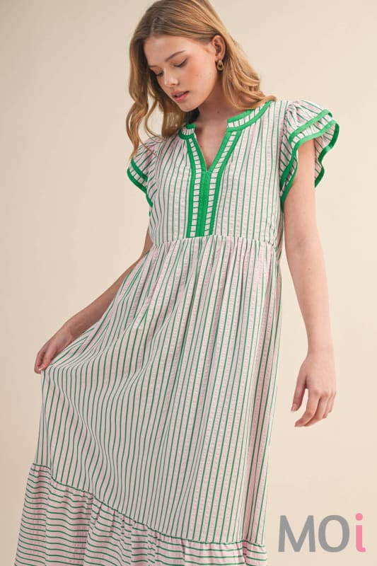 Striped Contrast Binding Midi Dress