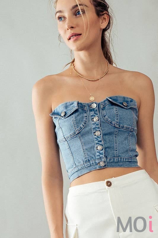 BUTTON FRONT DENIM CROP TUBE TOP