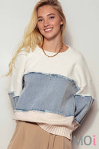 Colorblock Distressed Denim Patchwork Knit Sweater