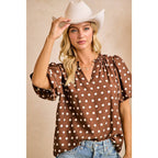 POLKA DOT PRINTED WOVEN RUFFLED V NECK TOP