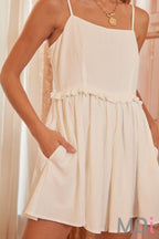 Crinkle Ruffle Waist Romper White