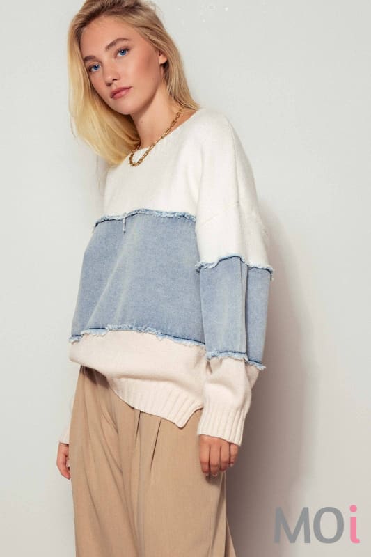 Colorblock Distressed Denim Patchwork Knit Sweater