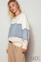 Colorblock Distressed Denim Patchwork Knit Sweater