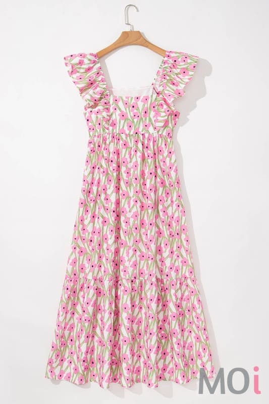 Floral Print Square Neck Ruffled Strap Maxi Dress