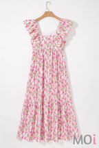 Floral Print Square Neck Ruffled Strap Maxi Dress