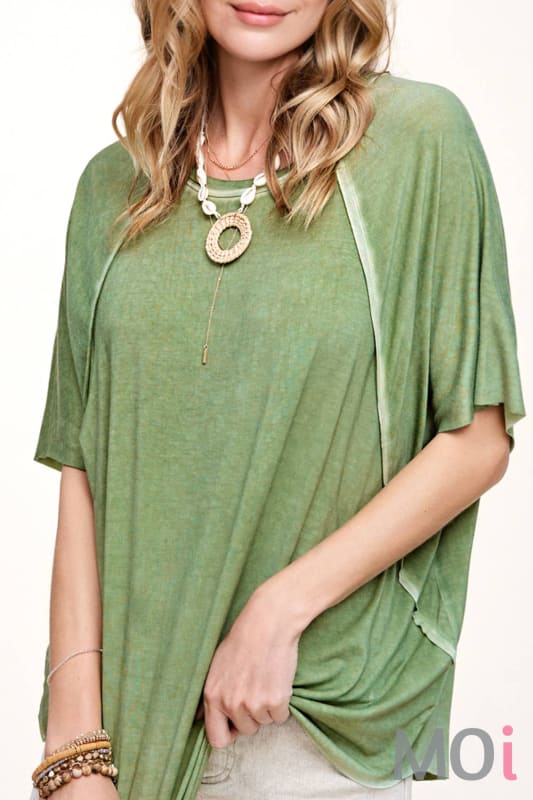 Dyed Fabric Round Neck Batwing Short Sleeve Top