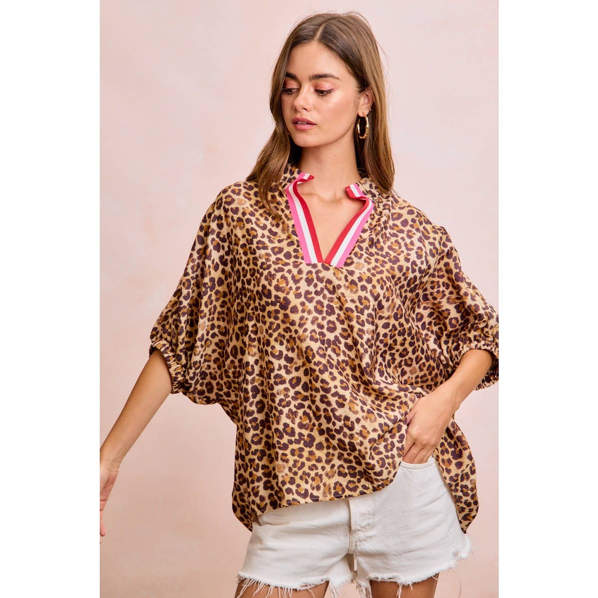 Leopard Print Contrast Banded Blouse
