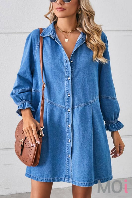 RUFFLED LONG SLEEVED PANELLED DENIM SHIRT DRESS