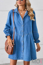 RUFFLED LONG SLEEVED PANELLED DENIM SHIRT DRESS