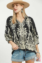 Boho Border Print Tie Neck