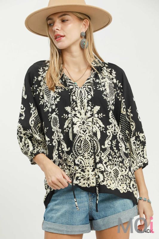 Boho Border Print Tie Neck