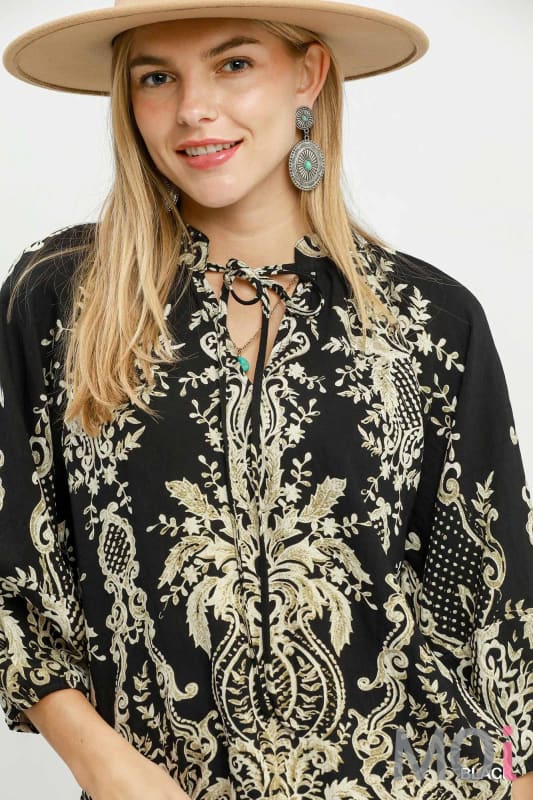 Boho Border Print Tie Neck