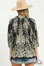 Boho Border Print Tie Neck
