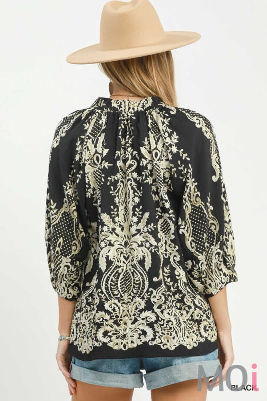 Boho Border Print Tie Neck